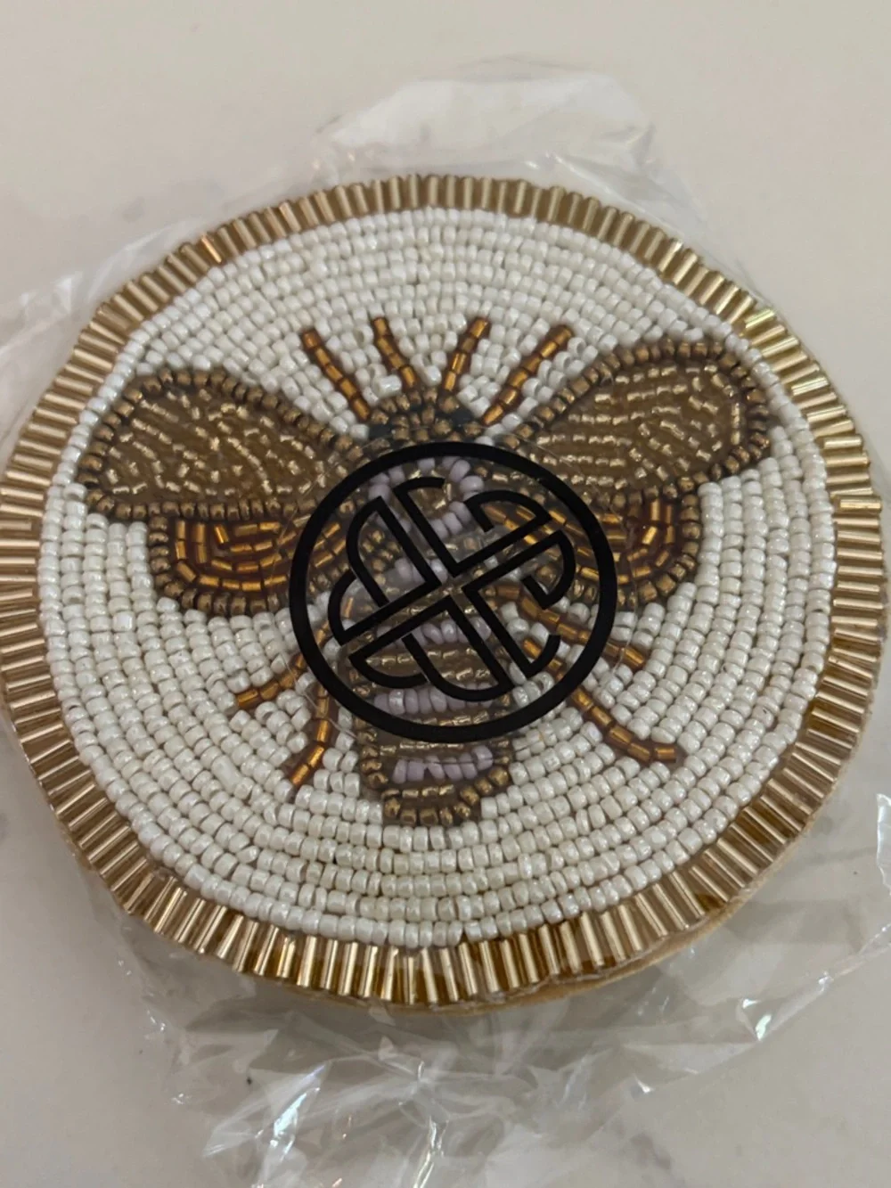 Budhagirl Beaded Bee Coaster Set of 4 White and Gold